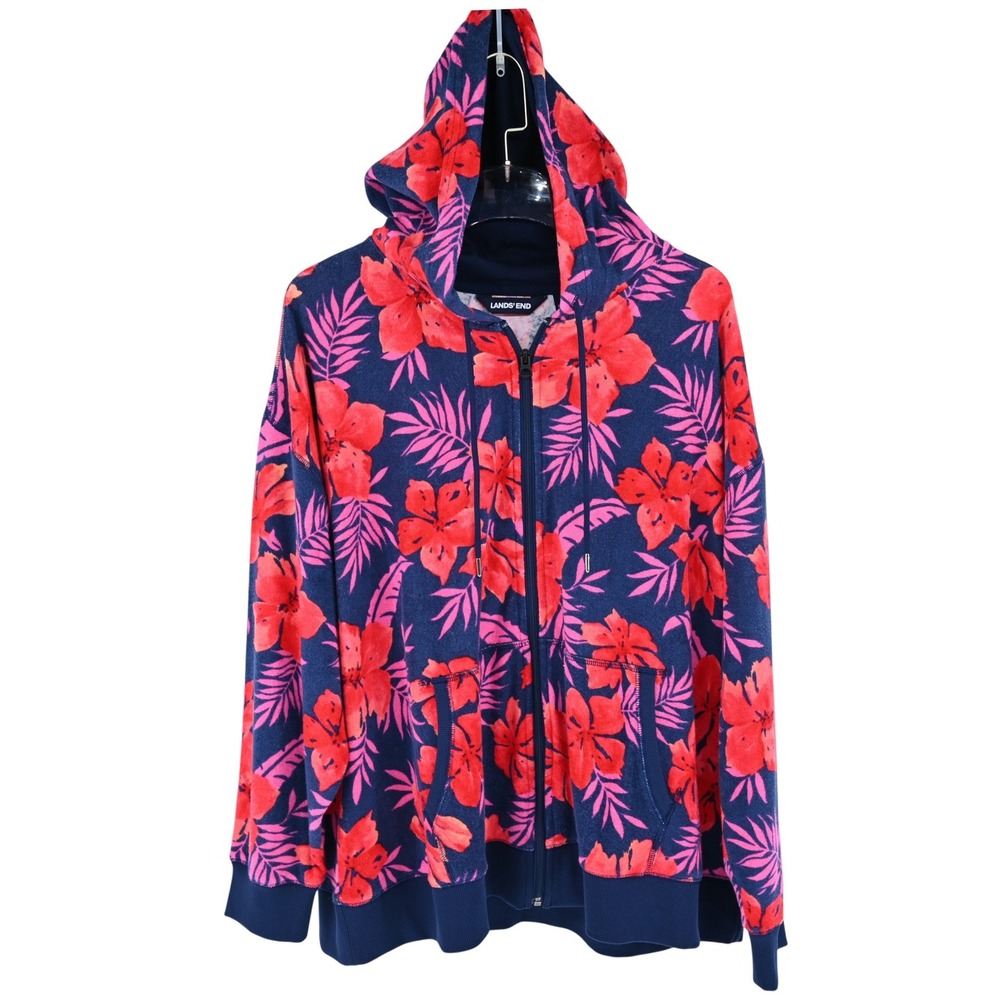 Lands End Womens 2X Full Zip Hoodie Navy Blue Floral Tropical Hibiscus 20W-22W